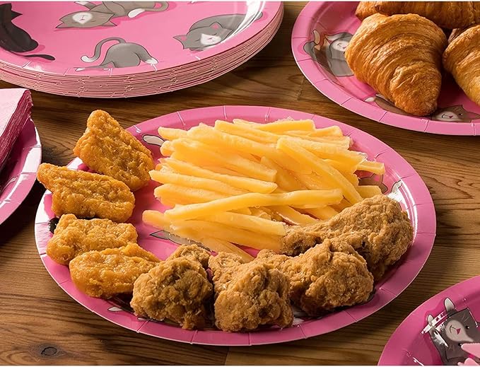 Sustainable Greetings Cat Birthday Party Supplies, Paper Plates, Napkins, Cups and Plastic Cutlery (Serves 24, 144 Pieces) - Cat Birthday Decorations - Kitten Party Decorations