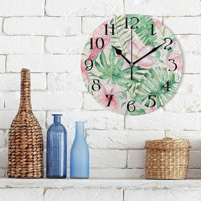 Tropical Plant Green Palm Leaves Pink Flamingo Wall Clock 9.5 Inch Non-Ticking Silent Clocks Round Bathroom Clock Battery Operated Quartz Analog Decorative Desk Clock for Living Room