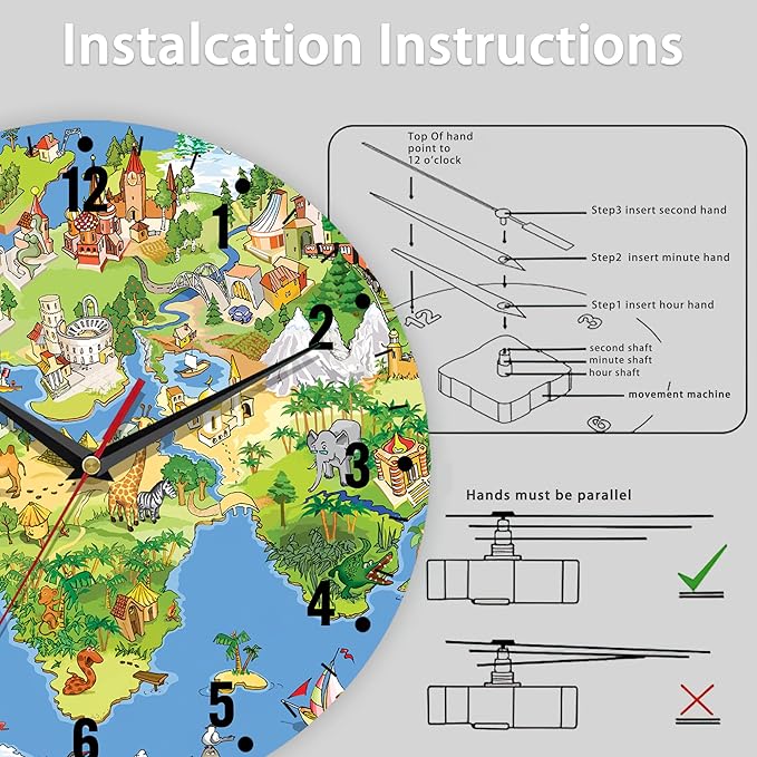 SPUNKER Wall Clock,Animals World Map Kitchen Wall Clock,Cute Landmarks Clocks 10 Inch Silent Non-Ticking Wall Battery Operated for Living Room Bedroom Bathroom Laundry Room Decor