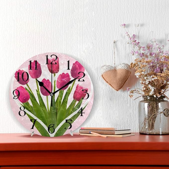 Tulip Wall Clock Modern Silent Non-Ticking Kitchen Clock Pink Rose Flower Decorative Round Clocks 9.5 in Battery Operated Quartz Analog Desk Clock Living Room Bathroom Garden Home Decor
