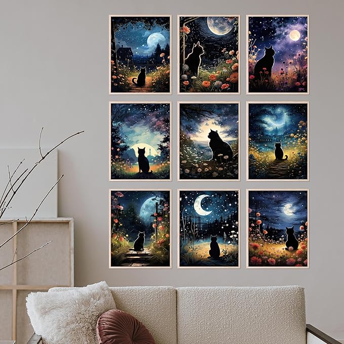 BigWig Prints Black Cat Wall Art - Starry Night Cat Posters, Space-Themed Artwork for Bedroom or Living Room, Cute Pet Pictures for Home Decor - Unframed Set of 9 (8x10)