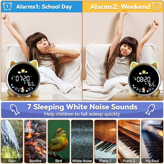 winshine Alarm Clock for Kids, OK to Wake Kids Alarm Clock, 5 Colors RGBW Night Light Dual Alarm Toddler Sleep Training Clock Stay-in-Bed Clock, Cute Clock Birthday Gift for Teen Boys Girls (Cat)…