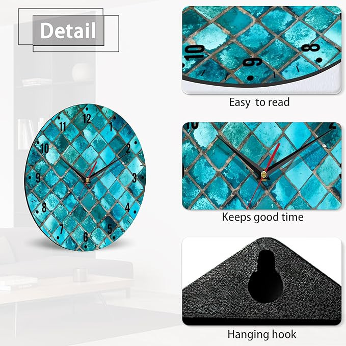 SPUNKER Clocks for Living Room,Turquoise Geometric Kitchen Wall Clock,Teal Mosaic Clocks 10 Inch Silent Non-Ticking Wall Battery Operated for Living Room Bedroom Bathroom Laundry Room Decor