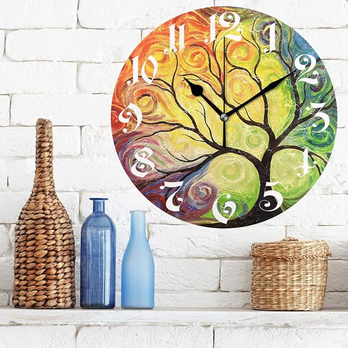 Wamika Wall Clock Tree of Life Rainbow Branch Leaves Seasonal Flowers Round Clock Silent Non Ticking Decorative, Spring Summer Autumn Floral Clocks 10 Inch Battery Operated Quartz Quiet Desk Clock