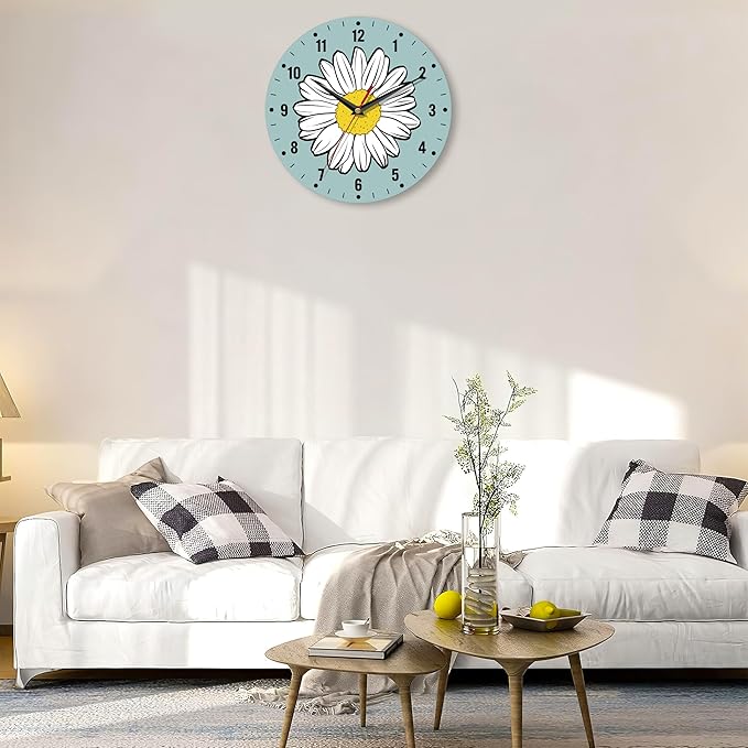 SPUNKER Clock for Bedroom,White Daisy Wall Clocks for Living Room Decor,Summer Flower Kitchen Clocks Wall Battery Operated - 10 Inch Round Bathroom Wall Clock Silent Non-Ticking