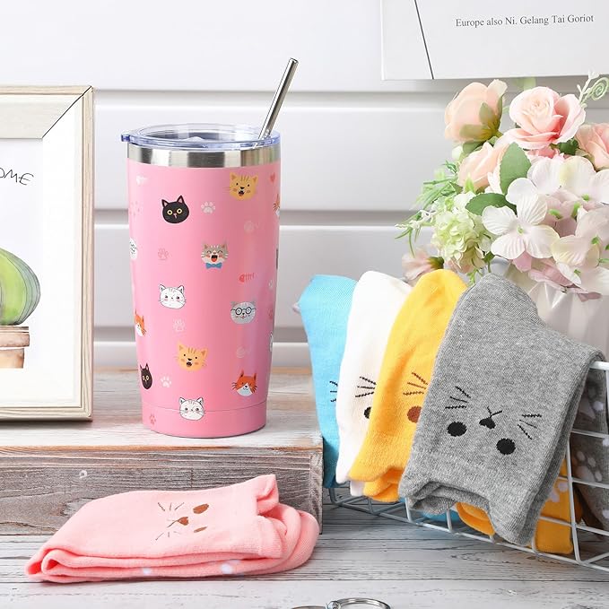 Sliner Teachers Appreciation Gifts Set for Cat Lover, Cat Mom Tumbler with Lid Straw 5 Pairs Cute Socks and Mom Ever Keychain Gifts for Teacher Nurse Grandma, Women Friend Birthday Mother's Day
