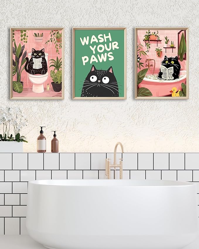 UPWOIGH 12"x16" Wood Framed Wall Art – Funny Black Cat Canvas Decor, Are You Pooping? Vintage Bathroom Poster Set of 3, Cute Reading Animal Humor Prints for Apartment, House, or Restroom Decoration