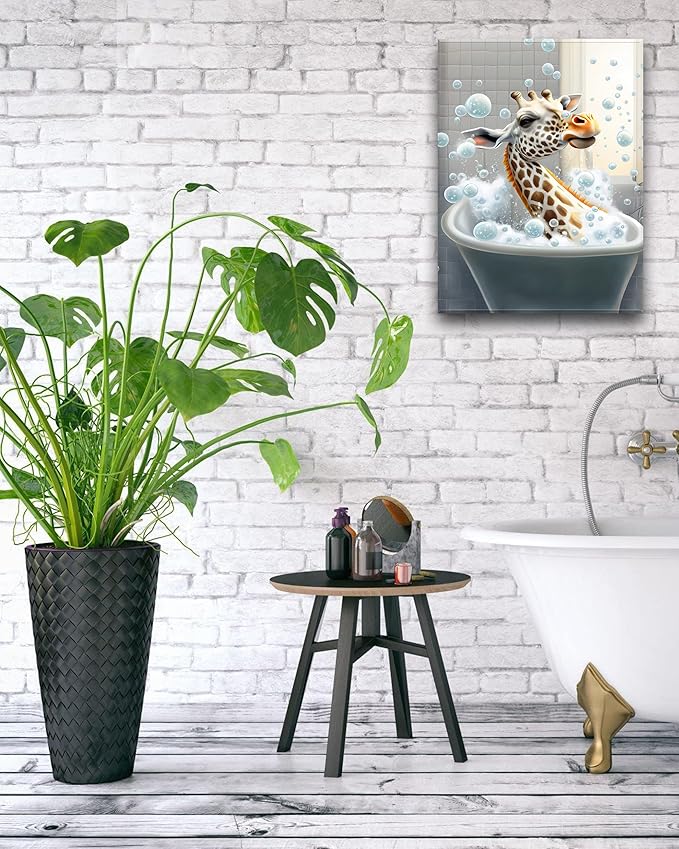 UPWOIGH Funny Bathroom Wall Art, Colorful Giraffe Wall Decor, Waterproof Wood Framed Canvas Wall Art Bathing Animals Abstract Prints, 30x40CM High-end Pictures for Bedroom Kids Room Dormitory 1 Pack