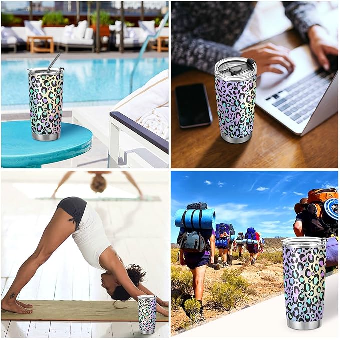 Tumbler Cute Neon Gradient Leopard Print Insulated Office Coffee Cup Back to School Beverage Container Travel Mug with Straw and Lid Double Wall Stainless Steel 20oz