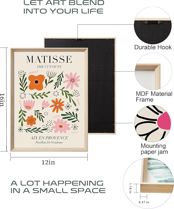 UPWOIGH Framed Wall Art,Abstract Henri Matisse Canvas Wall Art,12X16in Pink Beige Flower Market Wood Decor Prints Artworks,Minimalist Flower Market Wall Art Living Room Bedroom,Set of 3,Green,Pink