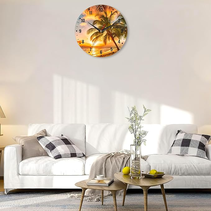 SPUNKER Wall Clocks,Palm Trees Sunset 10 Inch Wall Clock,Sea Beach Small Battery Operated Wall Clocks Decorative for Kitchen/Living Room/Bedroom/Bathroom/Dining Room