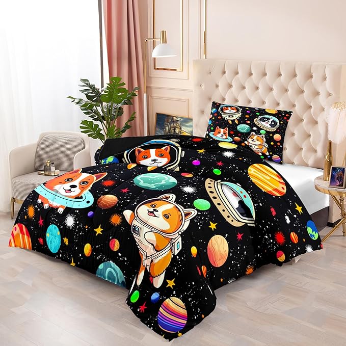 Space Dog Comforter Set - Cute Dog Twin Bedding Set for Kids Girls Boys Cartoon Dog Astronaut Prints Comforter Set Funny Outer Space Dog Bedding Sets for Kids Room Decor, 1 Comforter+1 Pillowcase
