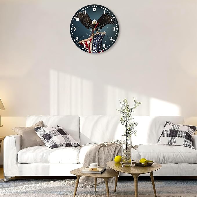 SPUNKER America Flag Eagle Wall Clocks,USA Bald Eagle Wall Clock Battery Operated 10 Inch,Round Clock Silent Non-Ticking Wall Decor for Farmhouse Office Home School Living Room Bedroom