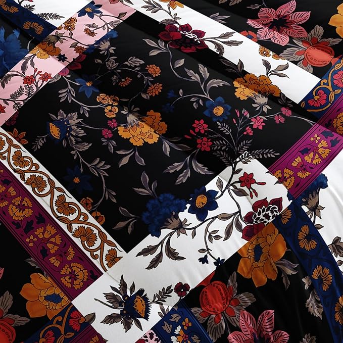 Boho Floral Comforter Set Queen Size Checkered Flower Bedding Sets 3PCS for Kids Teen Adult Retro Flowers Room Decor Ultra-Soft Lightweight Microfiber 1 Comforter with 2 Pillowcases