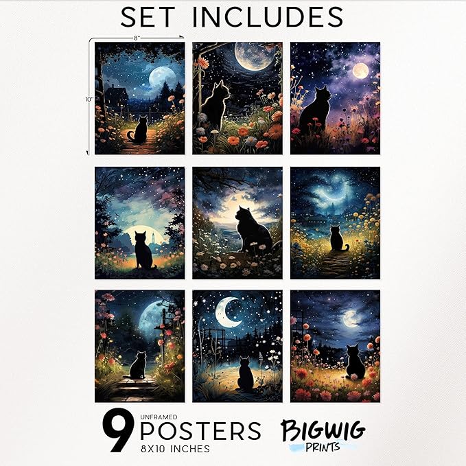 BigWig Prints Black Cat Wall Art - Starry Night Cat Posters, Space-Themed Artwork for Bedroom or Living Room, Cute Pet Pictures for Home Decor - Unframed Set of 9 (8x10)