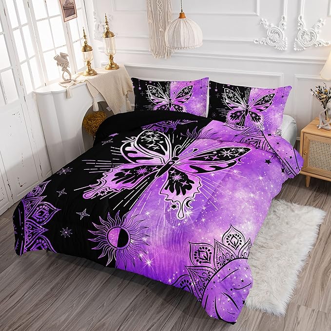 Black Purple Butterfly Comforter Set for Girls Women,Boho Butterfly Sun and Moon Mandala Printed Bedding Set with 2 Pillowcases(Black Purple Queen)