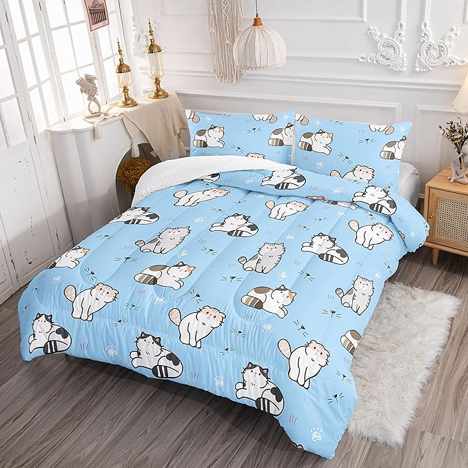 Blue Kawaii Cat Comforter Bedding Set for Girls Lovely Kitten Print Cute Animal Pattern with 1 and 2 Pillowcases Bedroom All Season(Cat Full), Full 80x90inches
