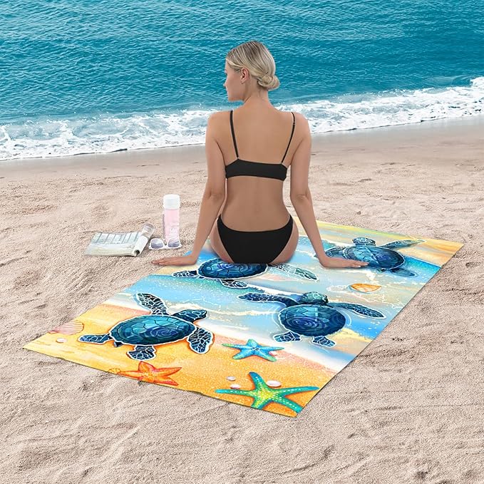 Bonsai Tree Turtle Beach Towel, Sea Turtles Large Microfiber Bath Towel Gifts for Women, Ocean Summer Starfish Seashells Funny Sand Free Quick Dry Travel Towels for Yoga Sports 31" x 63"