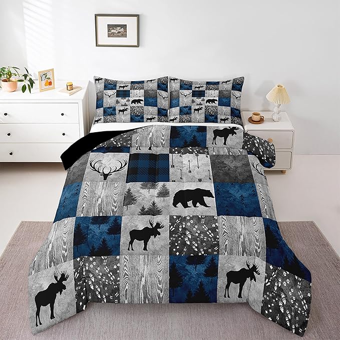 Bear Bedding Set Twin for Teens Boys,Buffalo Plaid Check Comforter Set Cabin Lodge Decor,Wild Animal Elk Antler Pattern Duvet Quilt Insert,Rustic Deer Patchwork Down Comforter 2pcs Blue Grey