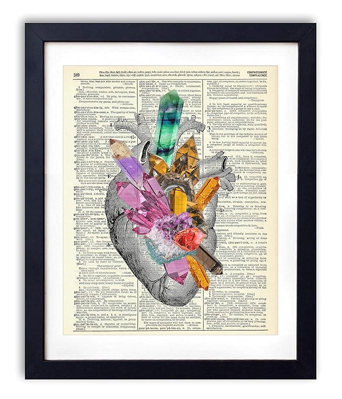 Vintage Anatomy Illustration Art, Dictionary Print, Antique Wall Art Home Decor, Modern Boho, Medical Posters, Farmhouse Decoration 8x10 Inches, Ready To Frame (Heart with Crystals #2)