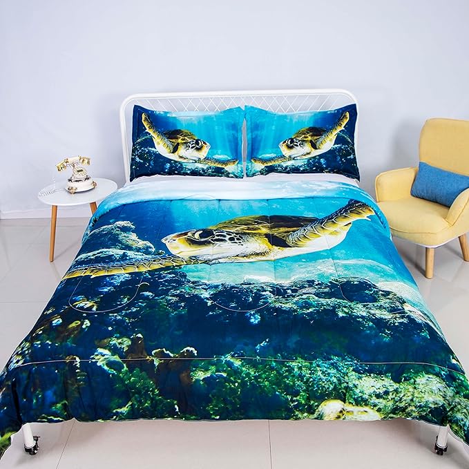 Turtle Comforter Set Twin Size Sea Bedding Set Ocean Animals Blanket Tortoise Comforters for Kids Boys Girls Bedroom Decoration
