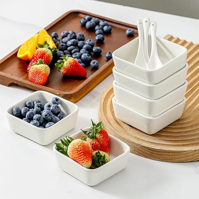 UIBFCWN 3.5 Inch Ceramic Soy Sauce Dish, Square Dipping Bowls with Serving Spoons Set, Ramekins for Sauces, Side Dishes, Appetizers (8 Bowls + 8 Spoons)