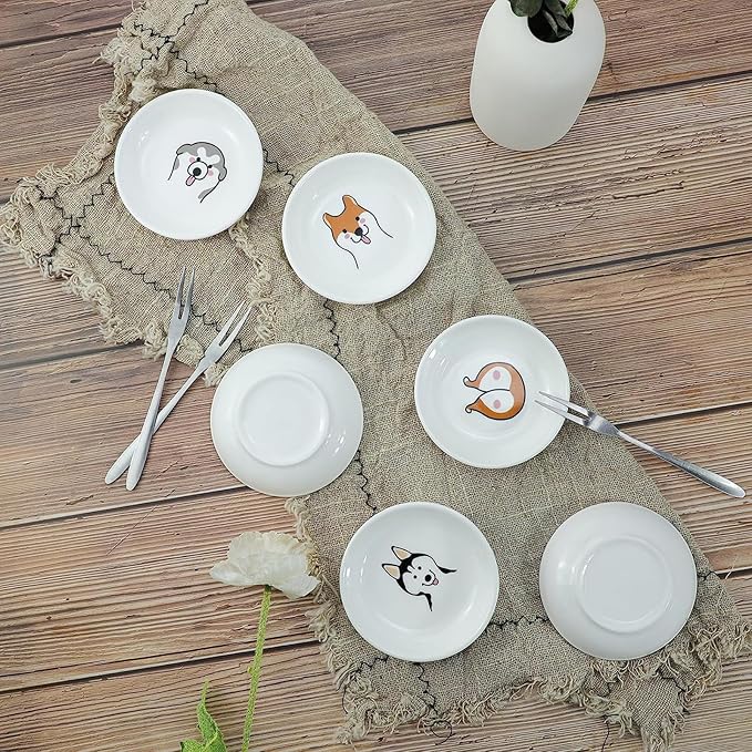 Super Cute Cartoon Animal Pattern Ceramic Sauce Dish/Seasoning Dish/Sushi Soy Dipping Bowl/Appetizer Plates/Serving Dish for Kitchen Home(Set of 6)-Dog Heads
