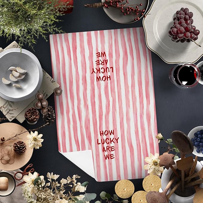 Trendy Pink Red Striped Kitchen Towels, How Lucky are We Decorative Hand Towels, Pink Girly Dish Tea Towels for Kitchen Decor, Trendy Preppy Bathroom Decor, 16x24 Inch