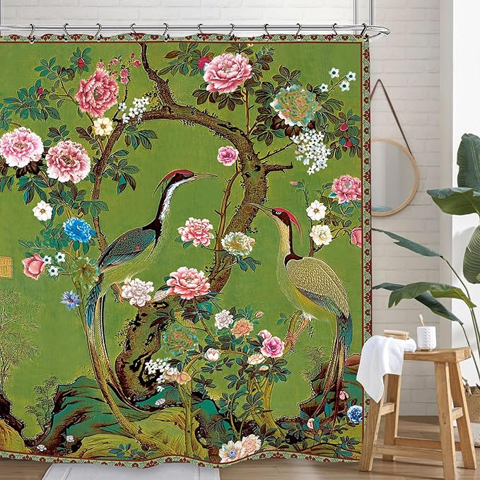 Vintage Flower Shower Curtain 60Wx72L Inch Crane Peony Vintage Retro Chinese Plant Botanical Green Blossom Japanese Art Bathroom Set Accessories Decor with 12 Pack Hooks