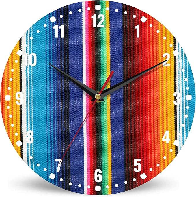 SPUNKER Wall Clocks,Colorful Mexican Wall Clocks for Living Room Decor,Stripes Lines Art Kitchen Clocks Wall Battery Operated - 10 Inch Round Bathroom Wall Clock Silent Non-Ticking