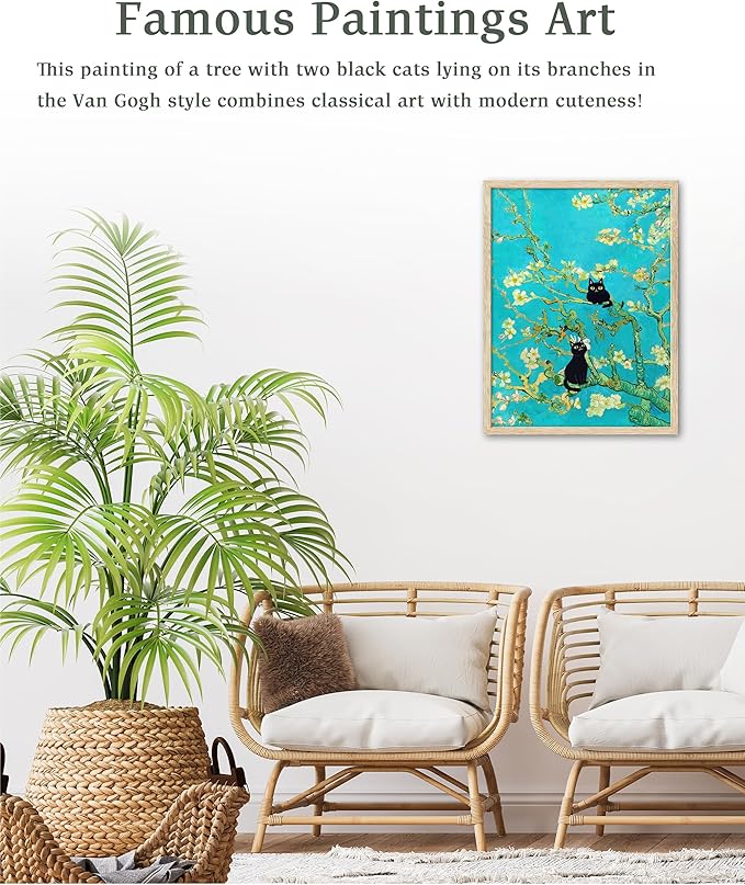 UPWOIGH Beige Oak Wood Framed Wall Art, 12"x16" Vincent Van Gogh Almond Blossoms Cat Print, 2 Cats in the Tree Poster, Cute Black Print, Funny Cat Art for Bedroom Bathroom, 1Pack Gift