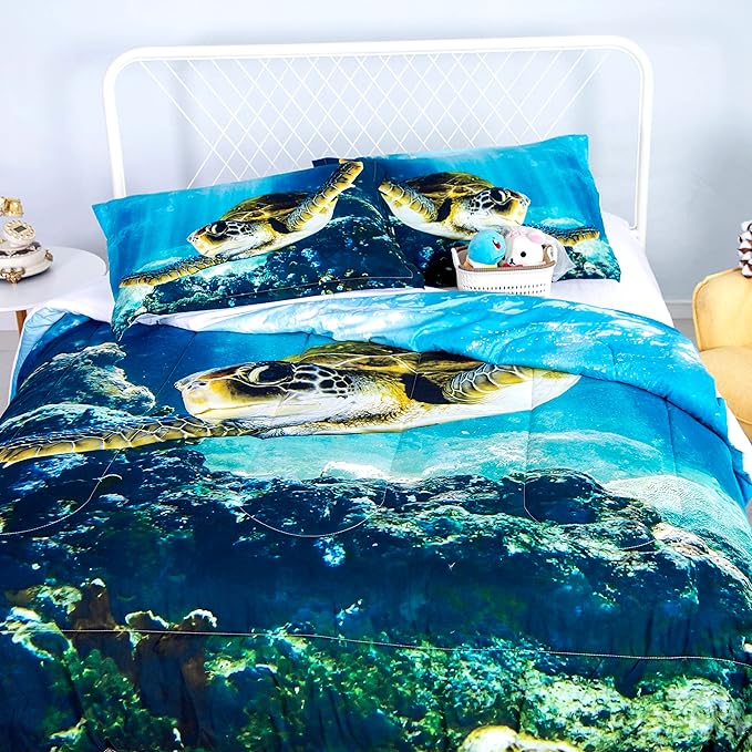 Turtle Comforter Set Twin Size Sea Bedding Set Ocean Animals Blanket Tortoise Comforters for Kids Boys Girls Bedroom Decoration