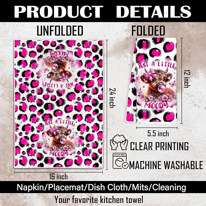 Western Cow Kitchen Towels Gifts for Cow Lovers Women, Trendy Hot Pink Leopard Hand Towels, Cows Gifts Hot Pink Kitchen Dish Towels, Western Cows Bathroom Decor, 16x24 Inches