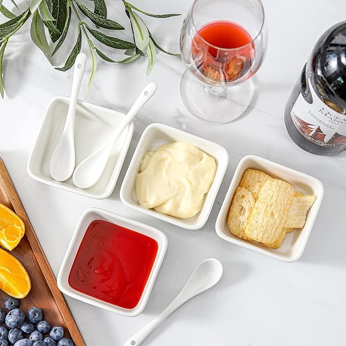 UIBFCWN 3.5 Inch Ceramic Soy Sauce Dish, Square Dipping Bowls with Serving Spoons Set, Ramekins for Sauces, Side Dishes, Appetizers (8 Bowls + 8 Spoons)