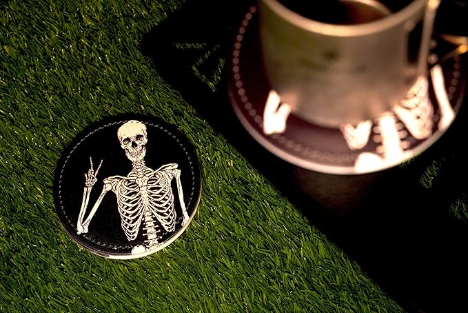 Skull Coasters for Drinks with Holder Leather Coasters Set of 6 Table Decor Protect Furniture from Water Marks Scratch and Damage