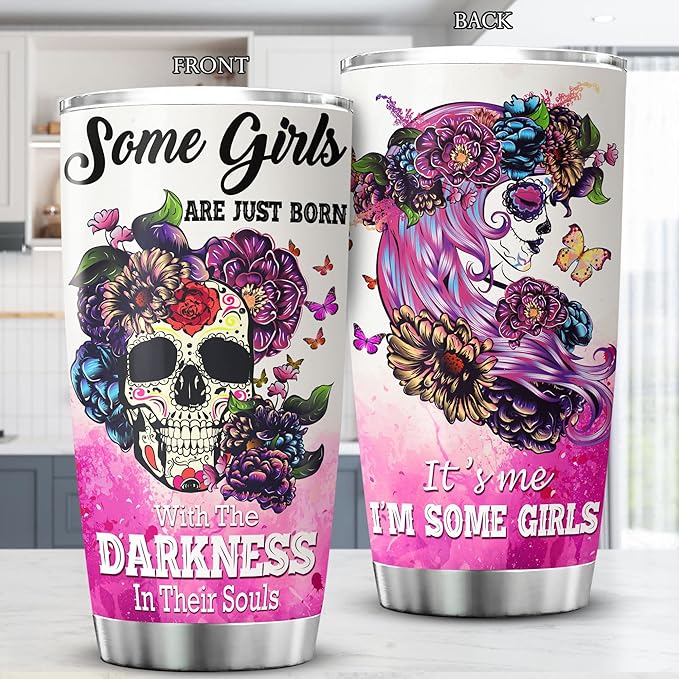 Skull Tumblers For Women Some Girls Are Just Born With The Darkness In Their Souls Flowers Skulls Stainless Steel Coffee Cup Mug With Lid 20oz Cool Skull Themed Items