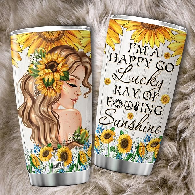 Sunflower Girl Tumbler With Lid 20oz Im A Happy Go Lucky Ray Of Sunshine Vintage Sunflowers Flowers Stainless Steel Coffee Cup Sunflower Things For Teen Girls Insulated Mug