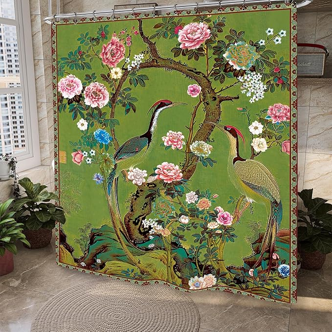 Vintage Flower Shower Curtain 60Wx72L Inch Crane Peony Vintage Retro Chinese Plant Botanical Green Blossom Japanese Art Bathroom Set Accessories Decor with 12 Pack Hooks