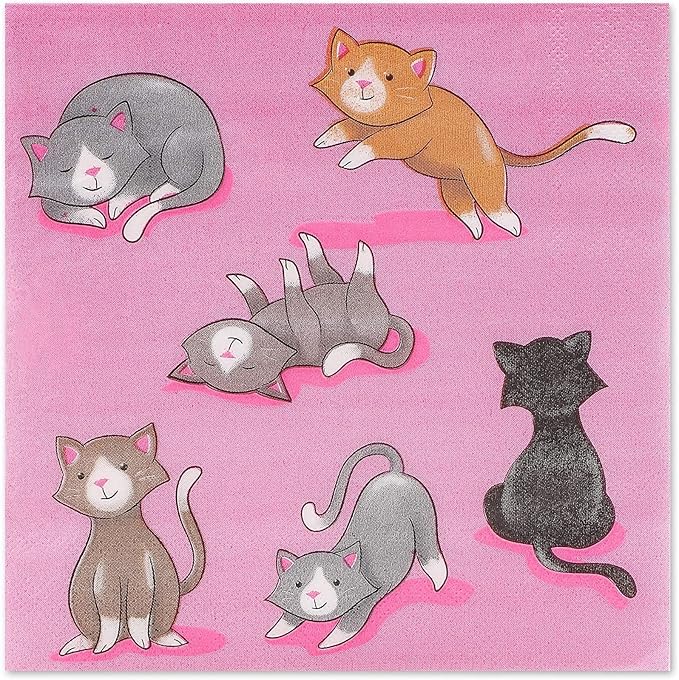 Sustainable Greetings Cat Birthday Party Supplies, Paper Plates, Napkins, Cups and Plastic Cutlery (Serves 24, 144 Pieces) - Cat Birthday Decorations - Kitten Party Decorations