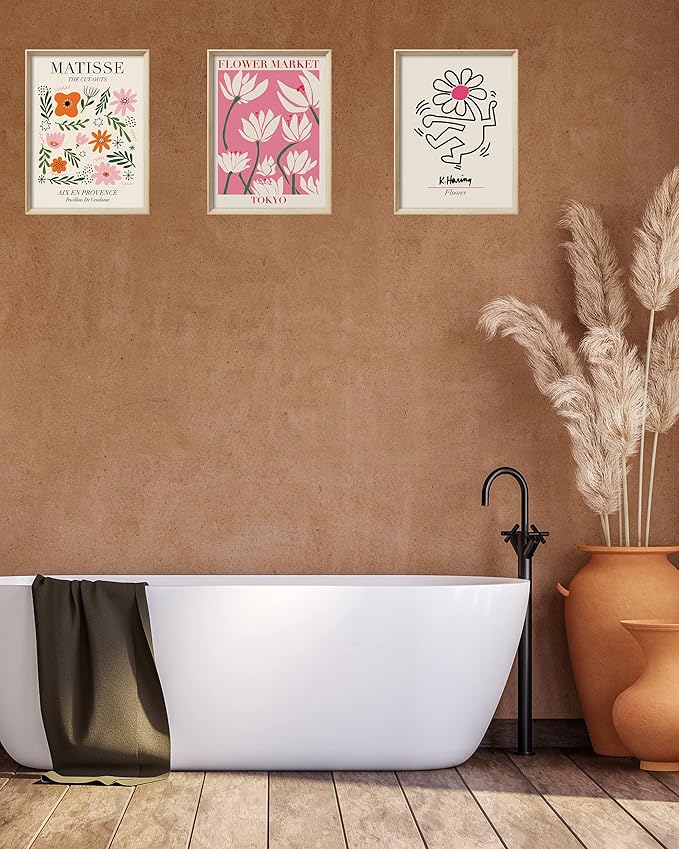 UPWOIGH Framed Wall Art,Abstract Henri Matisse Canvas Wall Art,12X16in Pink Beige Flower Market Wood Decor Prints Artworks,Minimalist Flower Market Wall Art Living Room Bedroom,Set of 3,Green,Pink