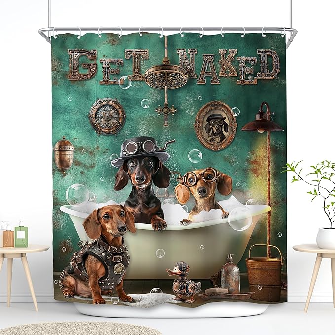SVBright Funny Dachshund Shower Curtain 60Wx72L Inch Kids Cute Dog Puppy Bathing in Bathtub Vintage Animal Hilarious Cool Pet Boy 12 Pack Hooks Polyester Waterproof Fabric Bathroom Bathtub Panels