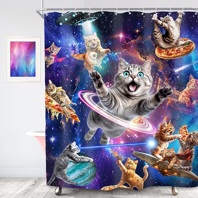 SVBright Funny Cat Shower Curtain 60Wx72L Inch Kids Space Galaxy Cute Fun Cool Pet Animal Hilarious Nebula Starry Fantasy Universe Boys 12 Pack Hooks Polyester Waterproof Fabric Bathroom Bathtub Panel