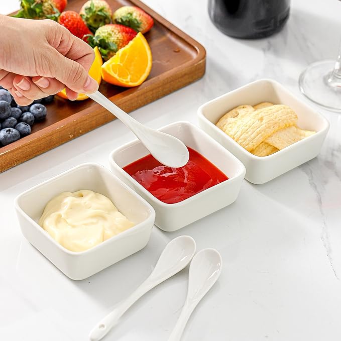 UIBFCWN 3.5 Inch Ceramic Soy Sauce Dish, Square Dipping Bowls with Serving Spoons Set, Ramekins for Sauces, Side Dishes, Appetizers (8 Bowls + 8 Spoons)