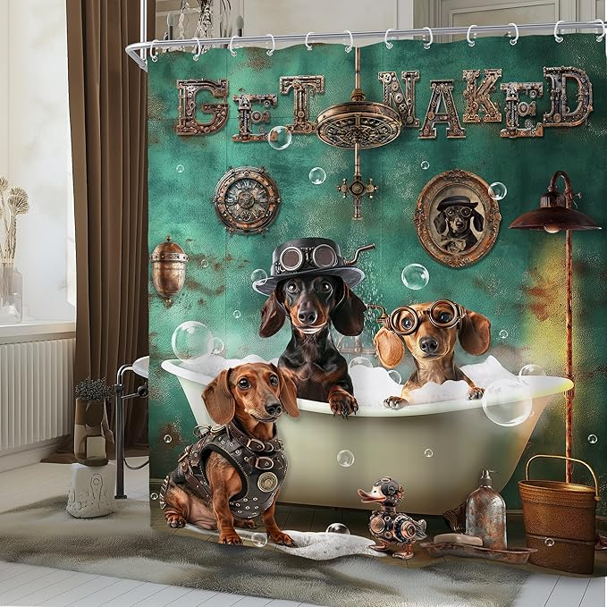 SVBright Funny Dachshund Shower Curtain 60Wx72L Inch Kids Cute Dog Puppy Bathing in Bathtub Vintage Animal Hilarious Cool Pet Boy 12 Pack Hooks Polyester Waterproof Fabric Bathroom Bathtub Panels