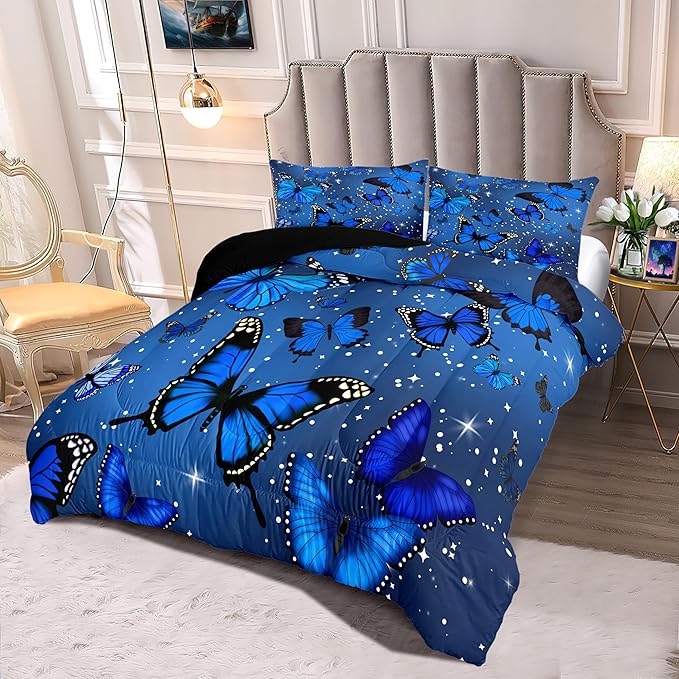 Blue Butterfly Bedding Set for Girls - Queen Size Quilt Set with Sparkle Stars Prints, 1 Comforter + 2 Pillowcases