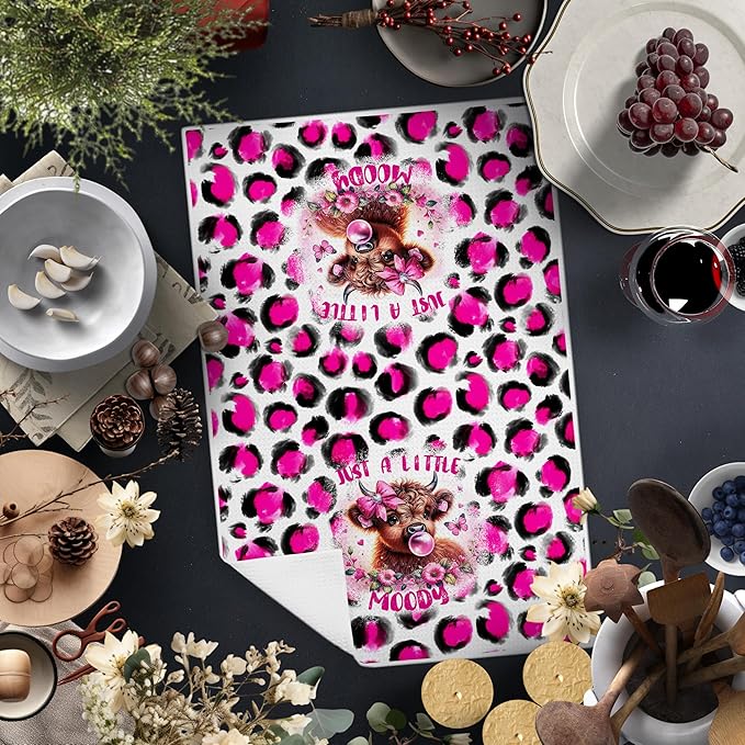 Western Cow Kitchen Towels Gifts for Cow Lovers Women, Trendy Hot Pink Leopard Hand Towels, Cows Gifts Hot Pink Kitchen Dish Towels, Western Cows Bathroom Decor, 16x24 Inches