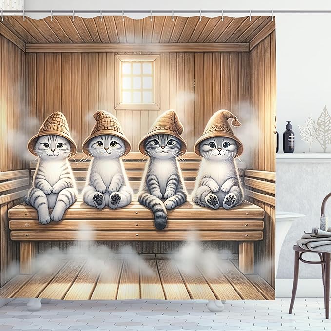 Ambesonne Cat Shower Curtain, Whimsical Scene with Happy Kittens with Funny Wizard Hats in Sauna, Cloth Fabric Bathroom Decor Set with Hooks, 69" W x 75" L, Pastel Brown and Pale Grey