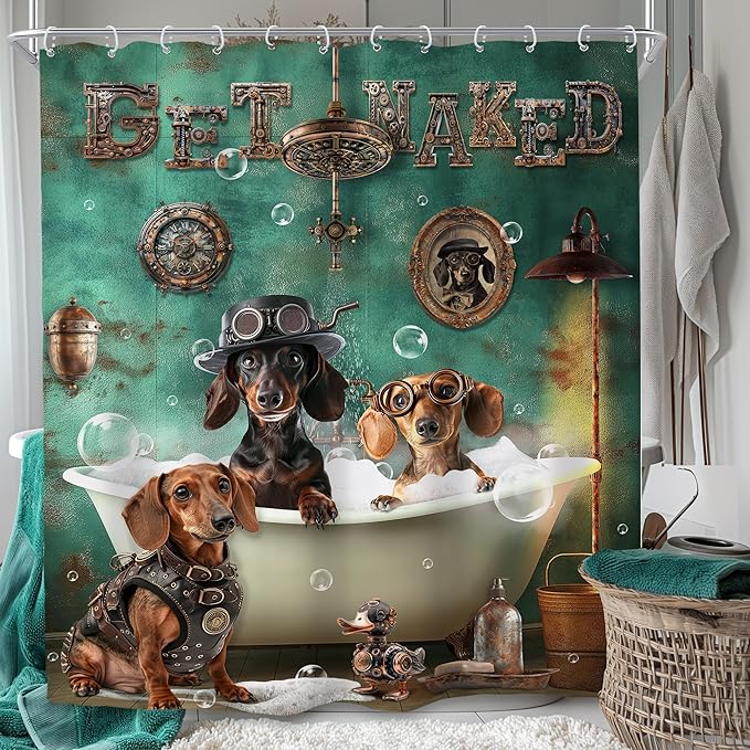 SVBright Funny Dachshund Shower Curtain 60Wx72L Inch Kids Cute Dog Puppy Bathing in Bathtub Vintage Animal Hilarious Cool Pet Boy 12 Pack Hooks Polyester Waterproof Fabric Bathroom Bathtub Panels