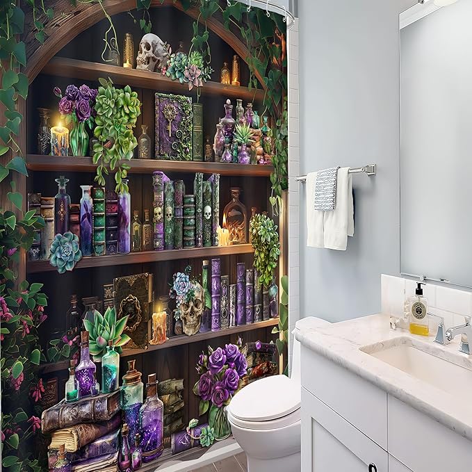Small Stall Gothic Skull Shower Curtain 54Wx78H RV Spooky Wizard Vintage Withcy Black Bookshelf Succulent Unique Cool Bathroom Decor Mysterious Bath Curtain Fabric Polyester 12 Pack Hooks