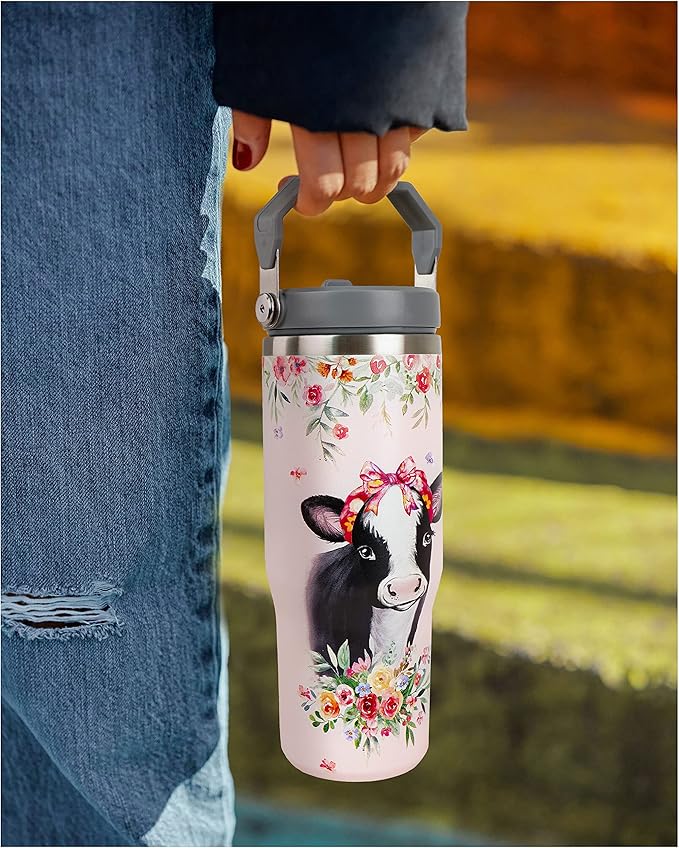 30oz Cow Print Tumbler with Handle and Straw, Just A Girl Who Loves Cows, Cow and Flower Coffee Cup, Stainless Steel Vacuum Insulated Tumbler, Cow Stuff Accessories Decor, Cow Gifts for Women